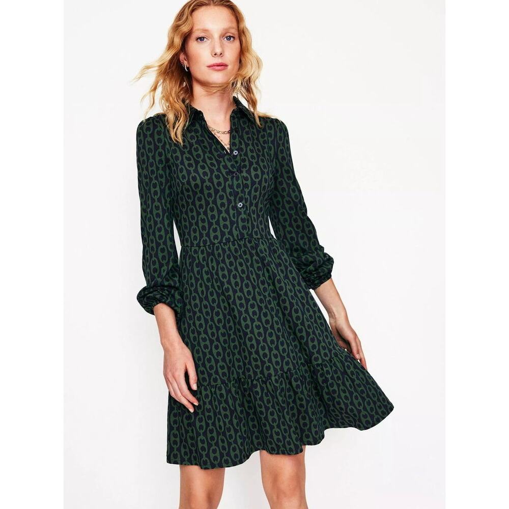 Boden Geometric Tiered Jersey Shirt Dress Size 12R Green Soft Stretch Comfy